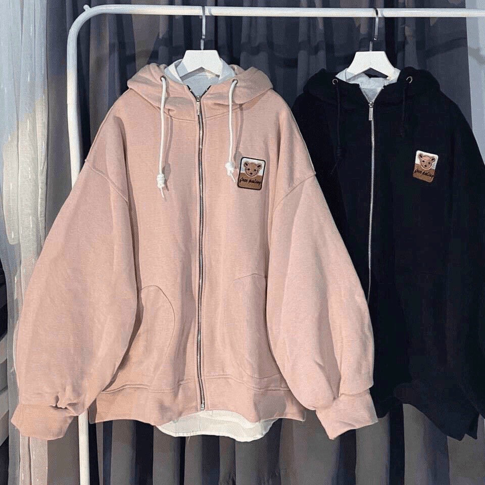 ÁO KHOÁC HOODIE KHÓA KÉO FORM RỘNG NAM NỮ THÊU GẤU , ÁO HOODIE UNISEX MÀU ĐEN THÊU GẤU