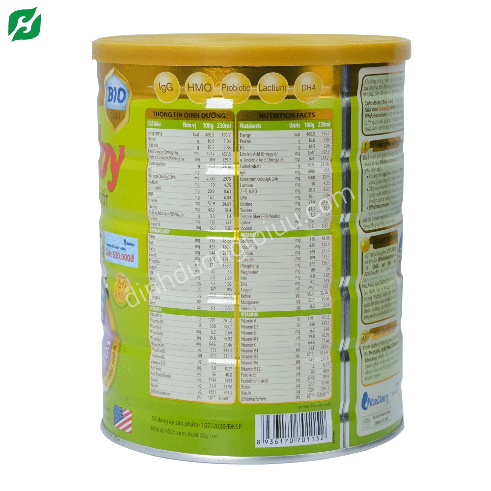 Sữa bột Colosbaby Bio Gold 1+ Tăng cường miễn dịch và hỗ trợ tiêu hóa cho bé  1-2 tuổi (800gr)