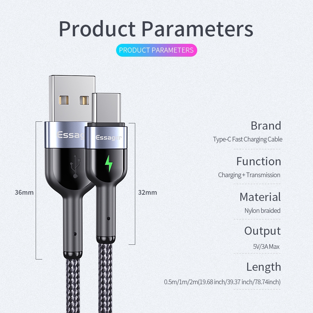 Dây cáp sạc nhanh Essager đầu USB Type C có đèn LED cho Samsung S20 S10 Xiaomi