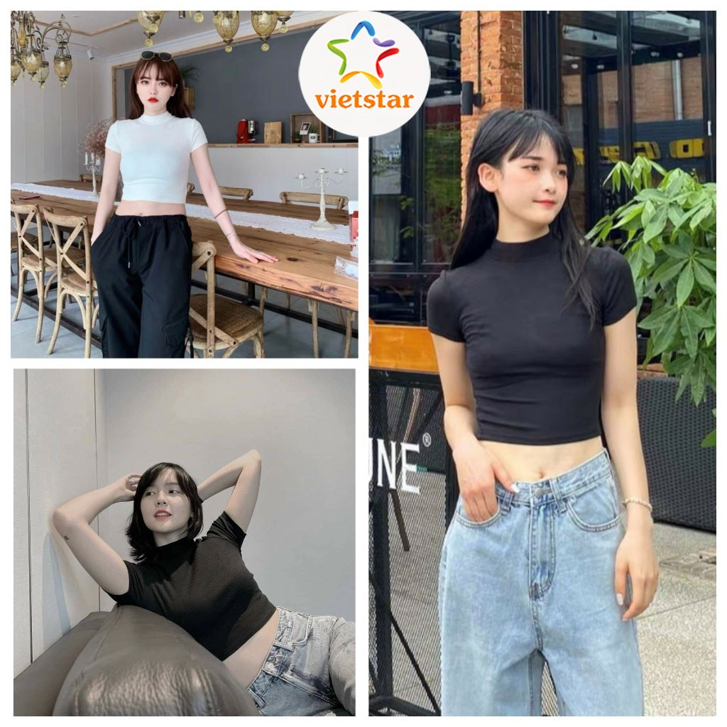 Áo croptop ôm nữ VIETSTAR áo crt body ngắn tay cổ 3 phân Trà Xanh chất thun bozip mềm mát