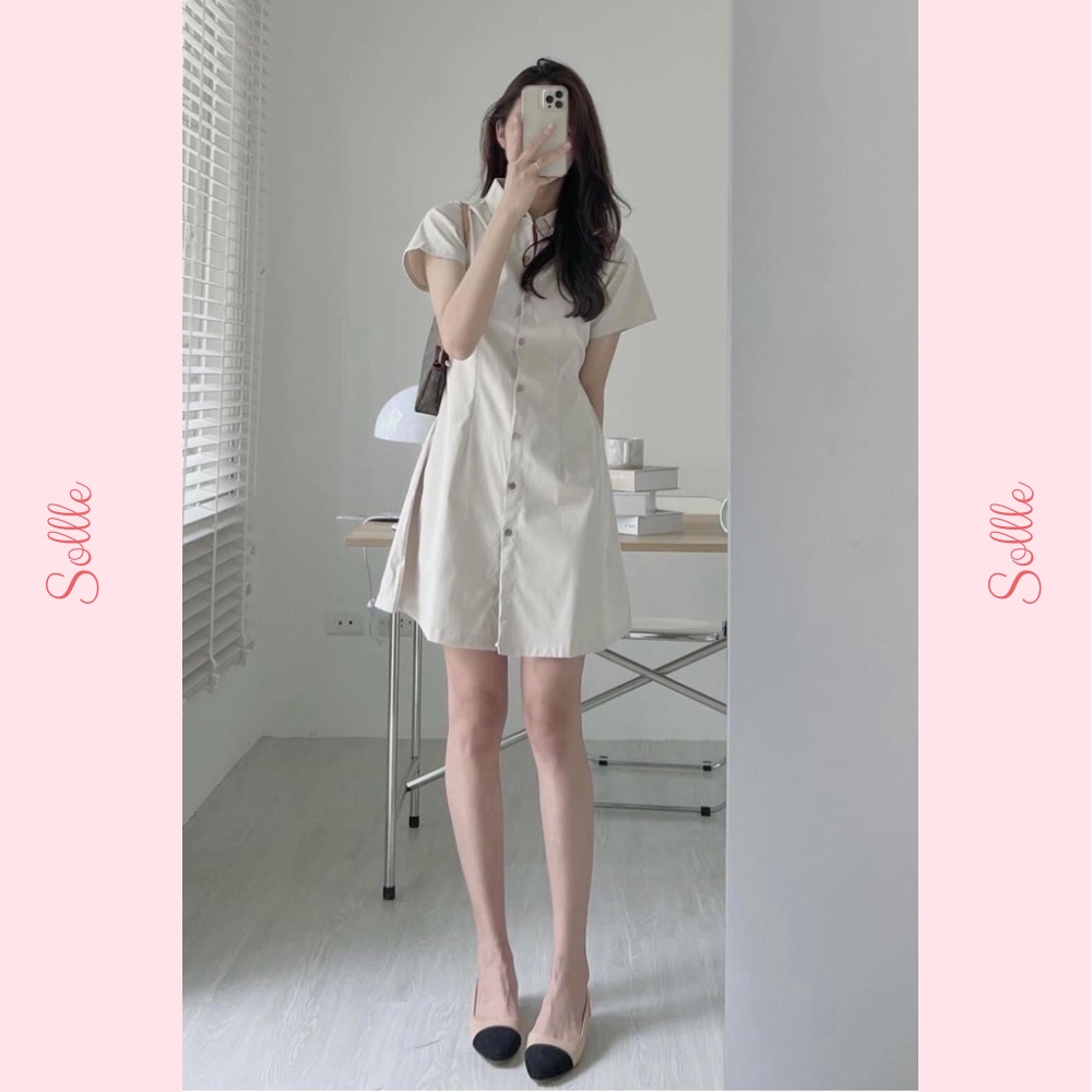 𝗦𝗔𝗟𝗘 Váy sơ mi cổ đức chun sau lưng đầm nữ kiểu chữ A xếp ly hông xòe nhẹ Hàn Quốc Sollle