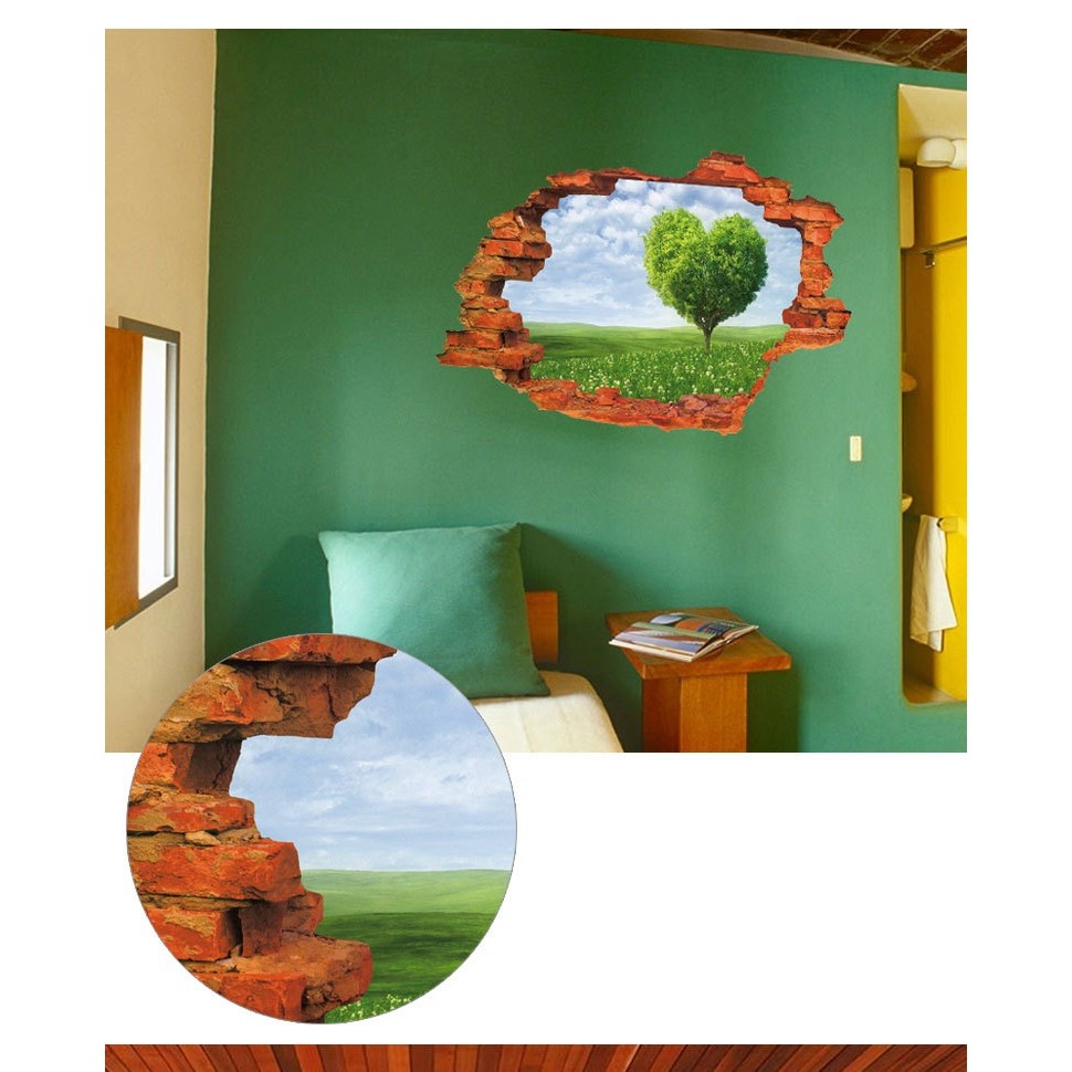 Decal dán tường 3D Trái tim xanh trang trí nhà cửa sáng tạo