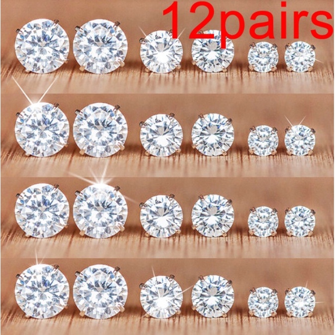 SET 12 ĐÔI BÔNG TAI NAM ĐÍNH ĐÁ TRẮNG SÁNG CHÓI LÓA 12BTZIRCON81