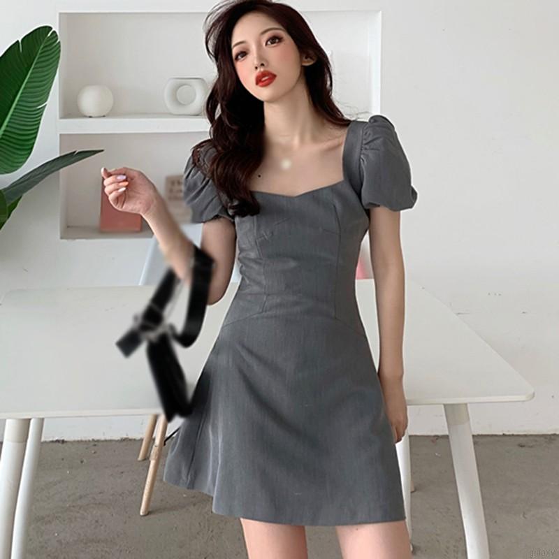 Đầm Tay Phồng Cổ Vuông Họa Tiết Hoa Phong Cách Retro Hàn Quốc