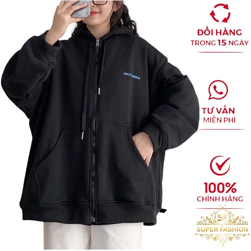Áo Khoác Nỉ Nữ Dây Khóa Kéo SUPER FASHION In Logo Form Rộng Nón Lớn Mặc Thoáng Mát NT242