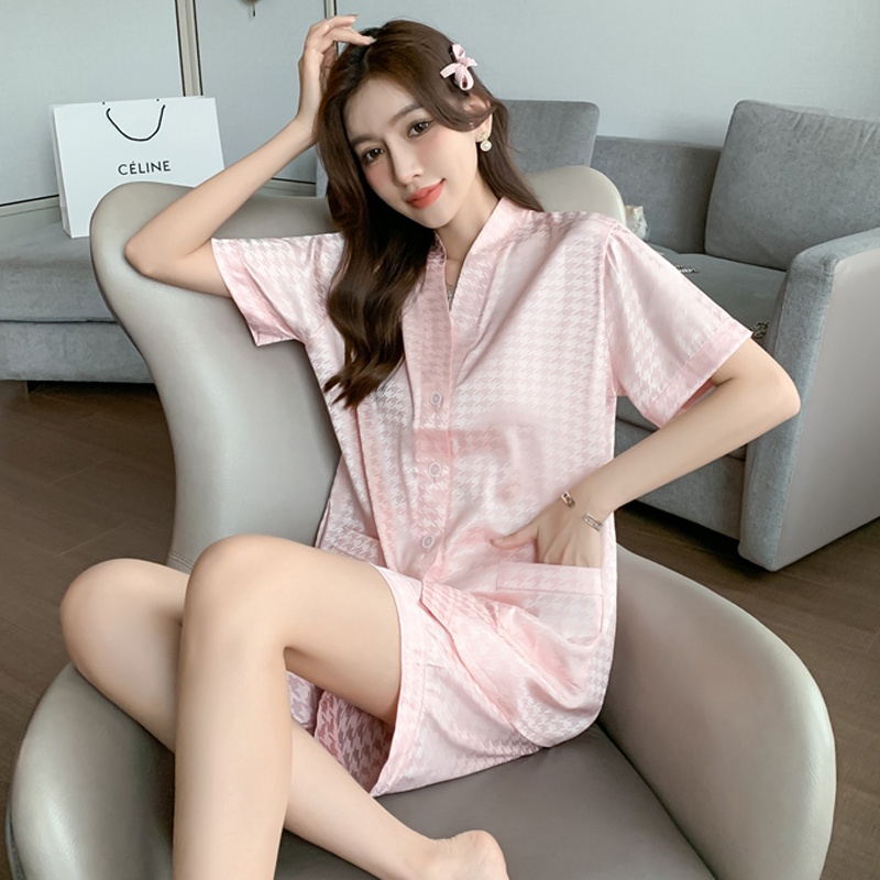 Bộ Đồ Ngủ Tay Ngắn Dáng Rộng Vải Lụa Satin Thời Trang Hàn Quốc Cho Nữ Size M-5XL