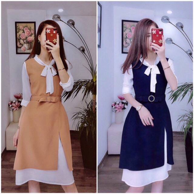 Đầm liền cổ nơ phối màu kèm đai sale❌có video ảnh sàn❌