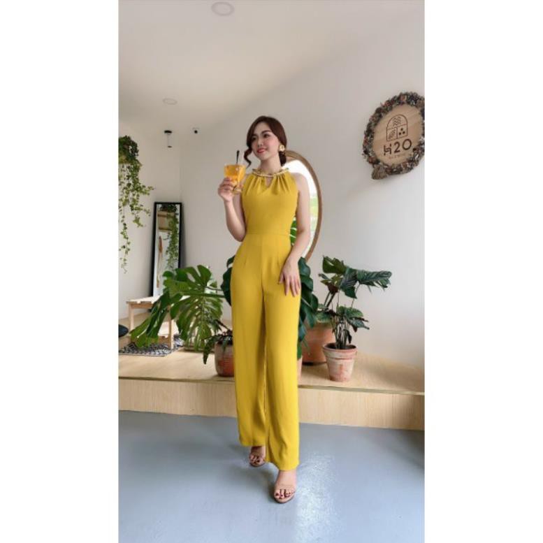 SHOP DẠ HỘI  Jumpsuit ống rộng thiết kế cổ yếm đính hạt cao cấp tặng hoa tai thời trang