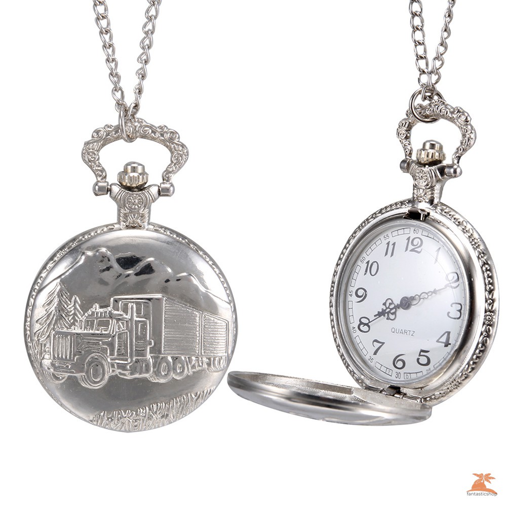 #Đồng hồ bỏ túi# 1pc Men Women Quartz Pocket Watch Silver Truck Carved Case with Chain