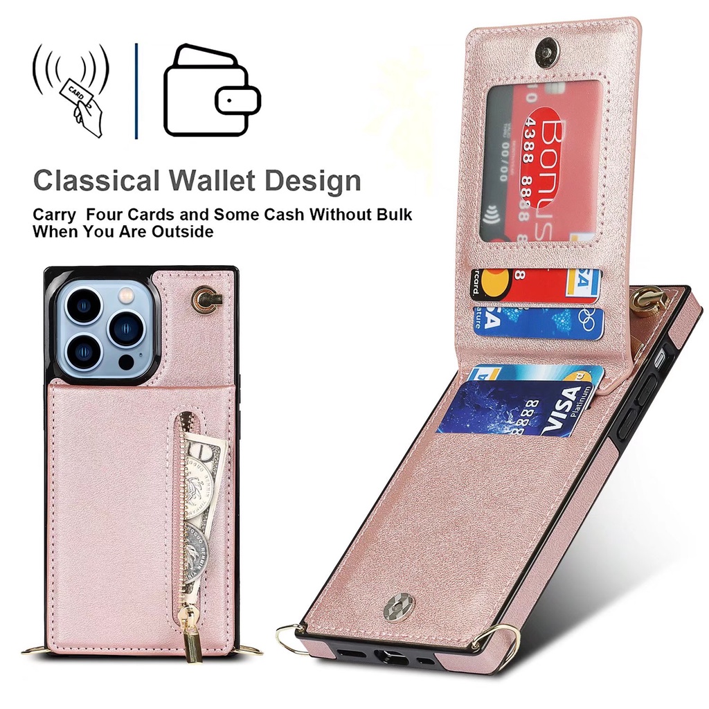 Ốp Điện Thoại Da Kèm Ngăn Đựng Thẻ Và Dây Đeo Chéo Cho iPhone 13 12 11 Pro Max X XR XS Max 7 8 Plus