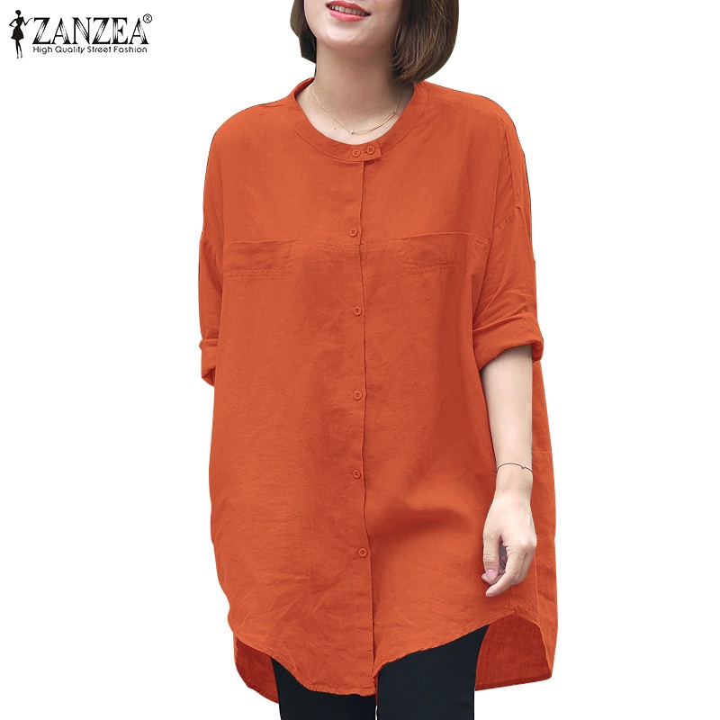 Áo kiểu ZANZEA cổ tròn hàng nút gài phía trước tay áo ba phần tư thời trang cho nữ