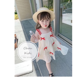 Váy 2 dây đính quả bông cho bé gái