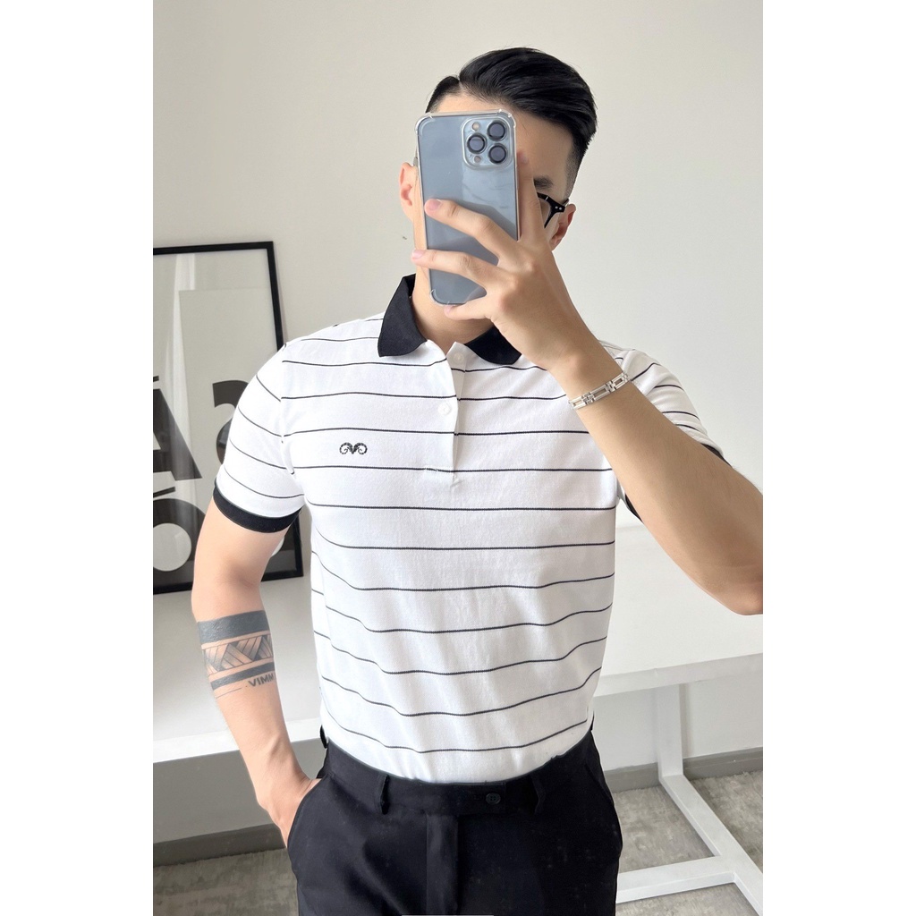Áo Polo Americus Gosani Sọc Ngang Chất Liệu Cotton Màu Trắng Và Xanh Đen
