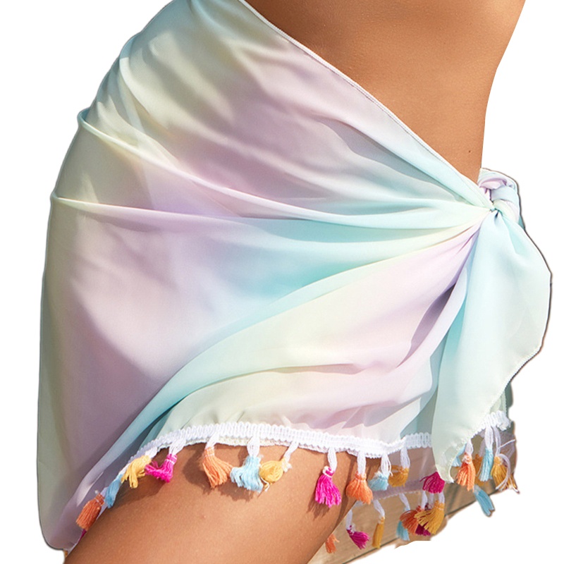 Brroa Áo Choàng Bikini Ngắn Viền Tua Rua Màu Gradient Cầu Vồng Phong Cách Boho Đi Biển Cho Nữ Sa