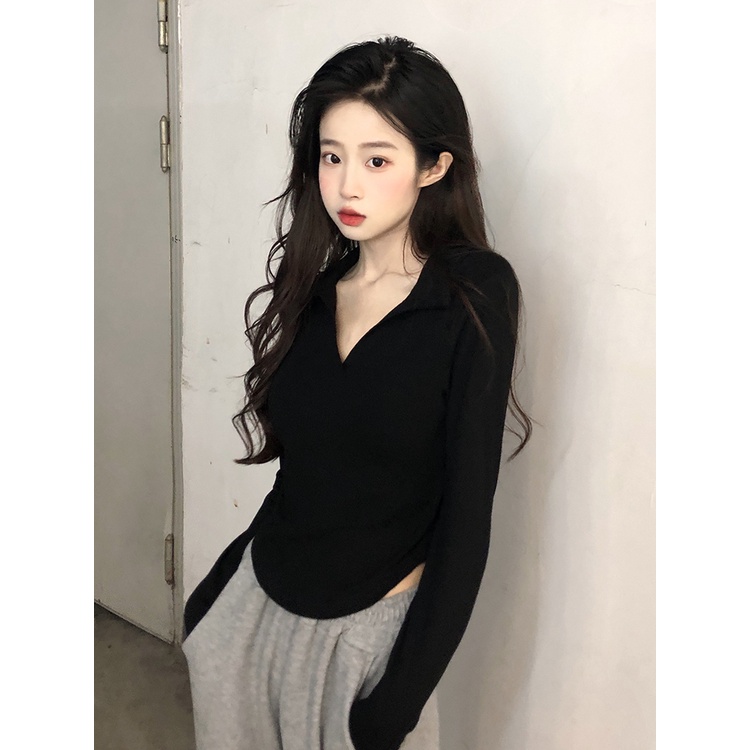 Áo Thun Cotton Mỏng Tay Dài Cổ Polo Màu Trơn Thời Trang Dành Cho Nữ
