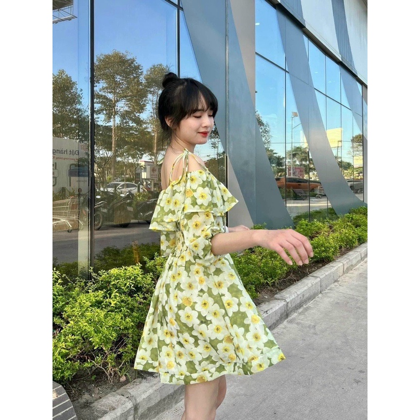 Váy hoa trễ vai viền bèo háck dáng XUKA-DRESS chất Voon xịn xó cao cấp.
