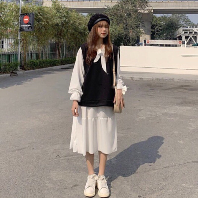 Váy babydoll kèm áo gile, set váy ulzzang dáng dài mix áo gile suông thụng | BigBuy360 - bigbuy360.vn