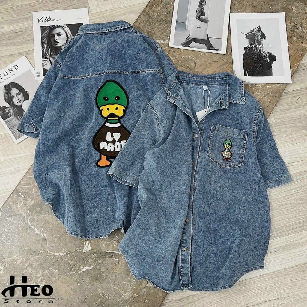 Áo sơ mi nữ jean form rộng tay ngắn thêu hình cute xinh 60 kí đổ lại