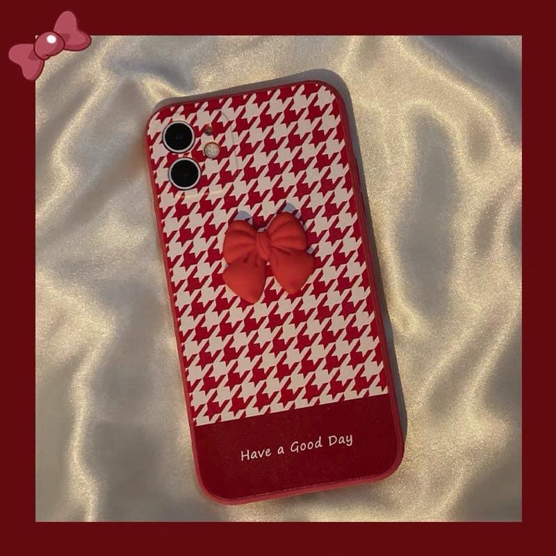 Ốp lưng iphone hình chấm bi sọc màu gắn nơ nổi cạnh vuông bảo vệ camera cho ip 7plus/8plus/x/xs/xsmax/11/12/13/promax