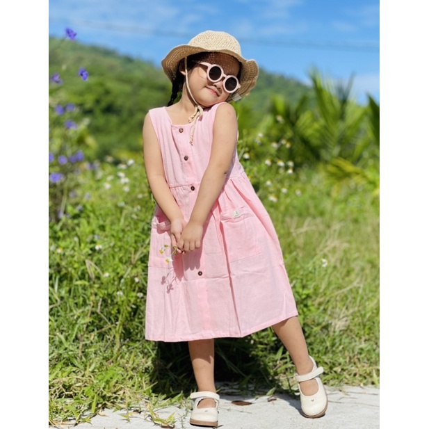 Đầm cho bé gái Linen siêu xinh túi trước 2 bên, váy bé gái 1 2 3 4 5 6 7 8 9 tuổi thời trang thiết kế trẻ em Chut Baby