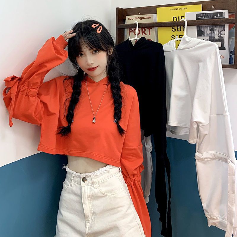 [Order] Áo hoodie thun croptop dài tay thắt nơ ulzzang