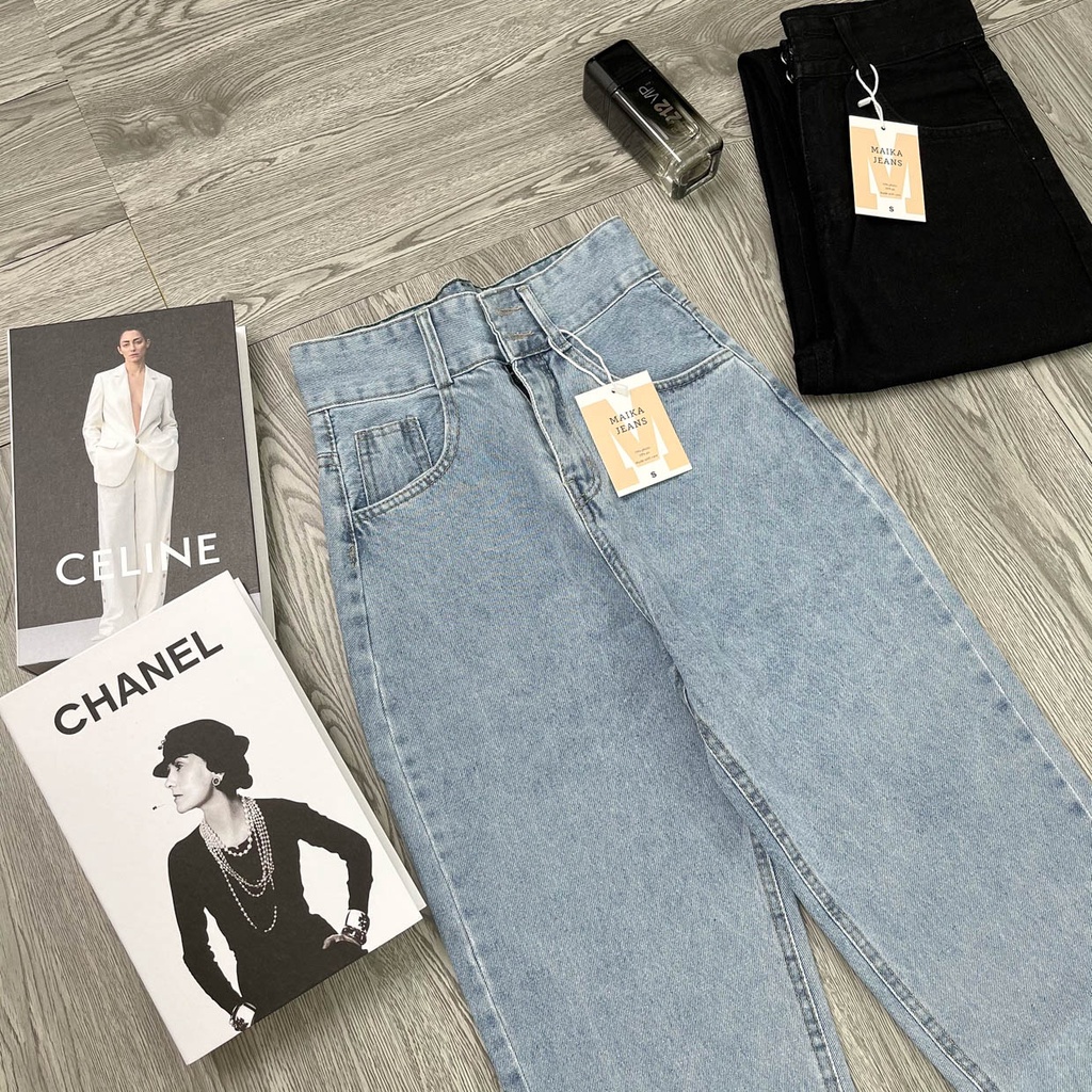 Quần Bò Nữ Quần Baggy lưng Cao 2Nút Lai Cắt Shop Maika-Jeans