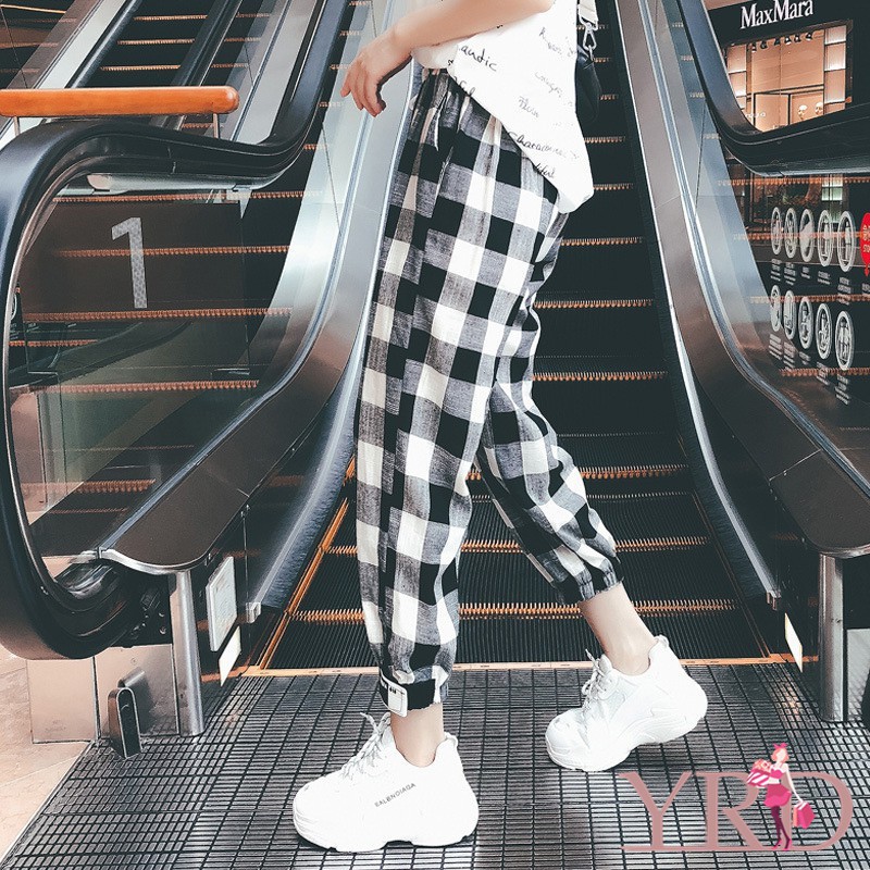 Quần dài dây rút họa tiết ca rô trắng đen thời trang cho nữ | BigBuy360 - bigbuy360.vn