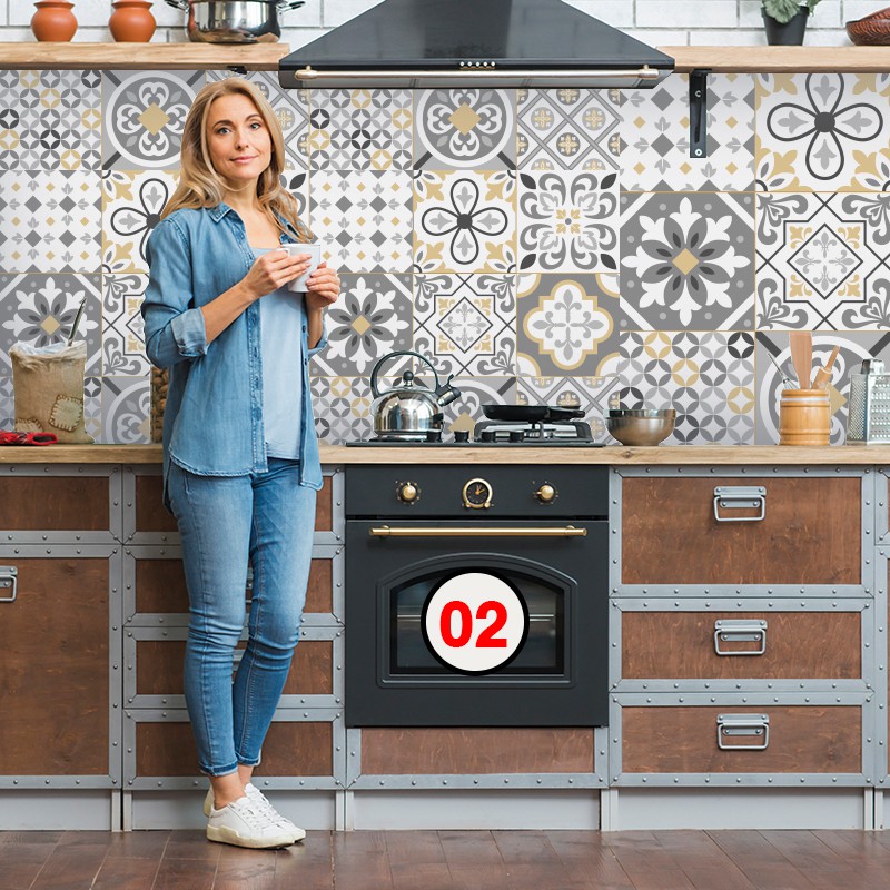 Decal Dán Tường Trang Trí Bếp Họa Tiết Xám Vàng (02) | Giấy Dán Bếp Chống Bay Màu, Bắn Dầu Mỡ