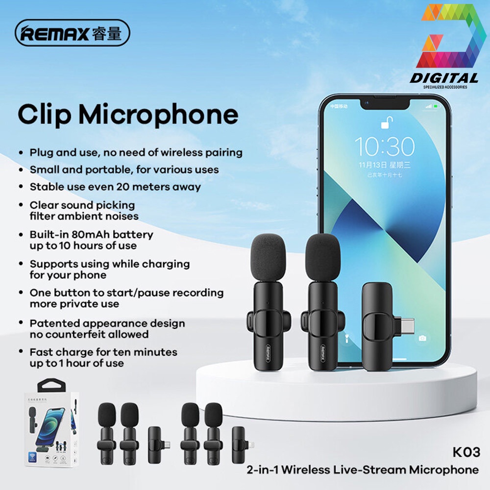 Bộ 2 Micro Thu Âm Remax K03 Không Dây Cài Áo Hỗ Trợ LiveStream, Quay Video Chính Hãng