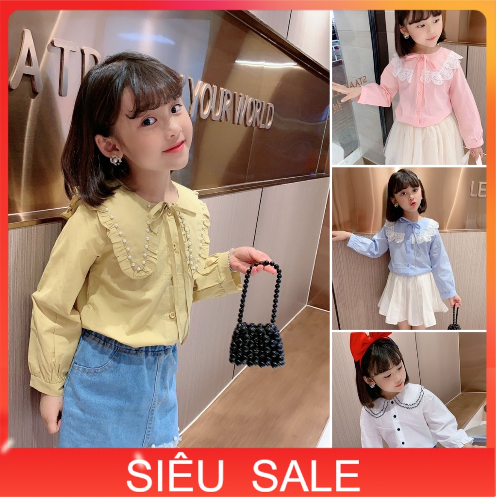 Áo sơ mi dài tay bé gái 3-8 tuổi cổ phối ren, Sơ mi điệu trẻ em chất liệu vải thô cao cấp