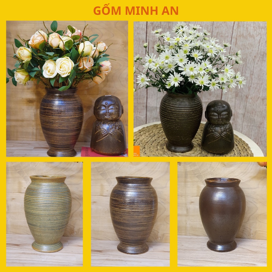 Lọ hoa gốm Minh An bát tràng dáng chum men nâu cao 26cm