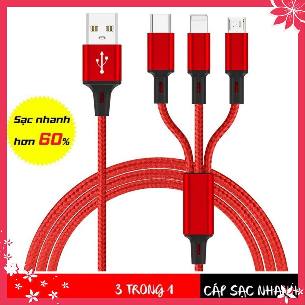 Cáp Sạc Nhiều Đầu Đa Năng | Dây Cáp Sạc 3 Đầu Thông Minh Dây Dù Cực Bền | Dây Sạc 3 in 1 | Dây dù sarab8