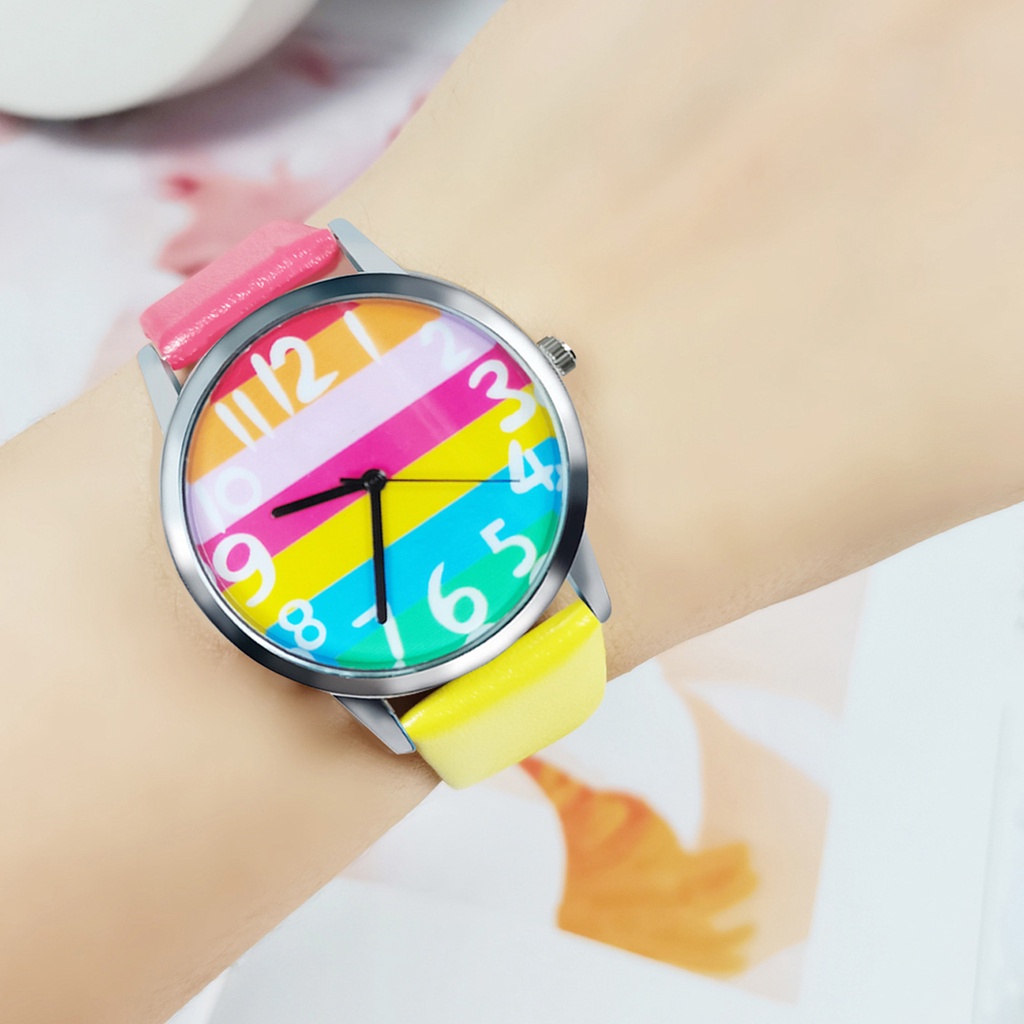 MACmk Women Rainbow Stripe Dial Accurate Quartz Movement Alloy Number Quartz Wristwatch for Office