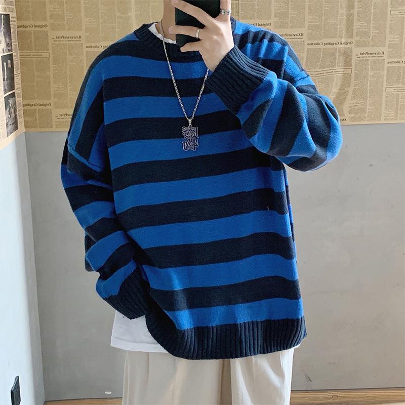 Áo Sweater Cổ Tròn Dáng Rộng Họa Tiết Kẻ Sọc Thời Trang Thu Đông Hàn Quốc Cho Nam