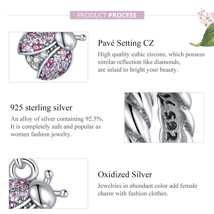 Hạt vòng tay Bamoer SCX125 làm bằng bạc 925 đính đá zircon hình bọ rùa DIY