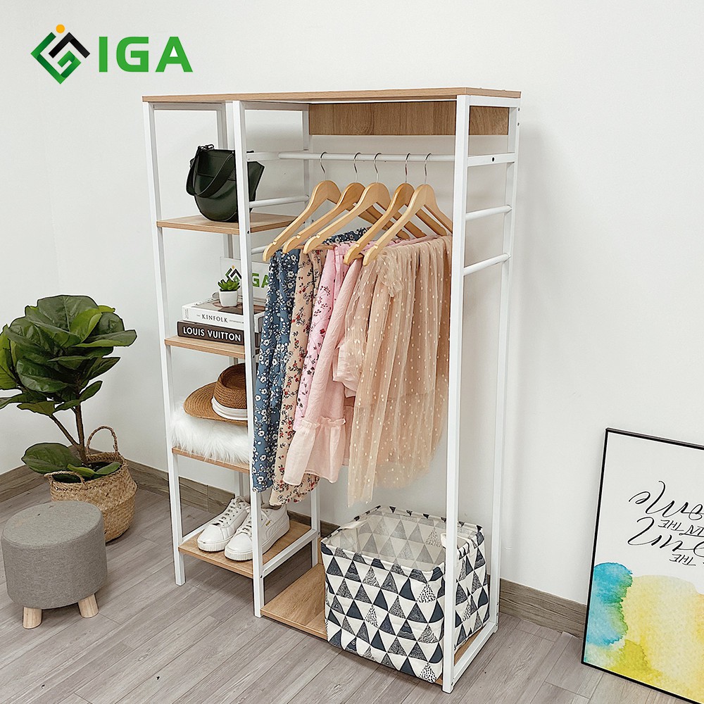 Tủ Kệ Treo Quần Áo Khung Sắt Kệ Gỗ L Hanger Thương Hiệu IGA GM08