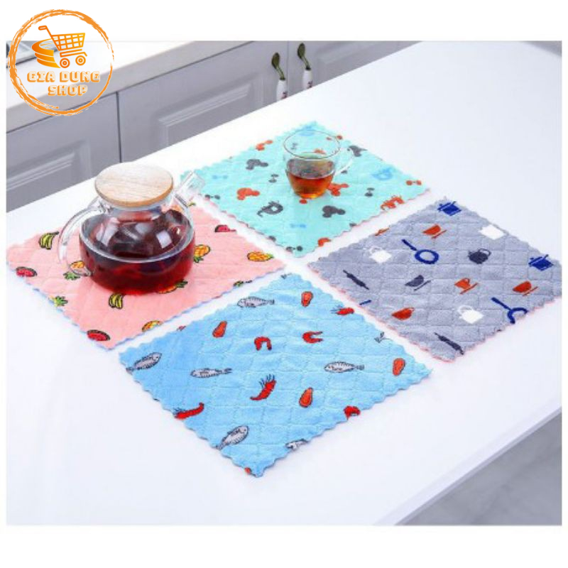 Khăn Lau 2 Mặt Họa Tiết Hoa Quả Hoạt Hình 25x25cm Siêu Thấm Hút Nước Vải San Hô