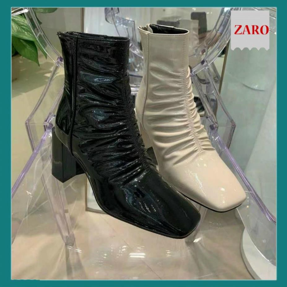 Giày Boot Nữ/ Giày Boot Cổ Thấp 7Cm Da Nhăn Bóng Hai Màu Đen Kem Trắng Cực Sang Chảnh Đế Vuông Mũi V