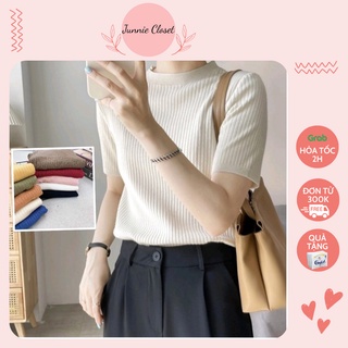 Áo len tăm trơn cộc tay, Áo len nữ cổ tròn basic, Áo len đũa ulzzang Junnie Closet