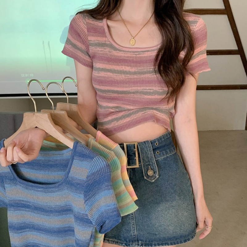 Áo Thun Dệt Kim Ngắn Tay Cổ Vuông Họa Tiết Sọc Màu Tương Phản Thời Trang Mùa Hè Cho Nữ