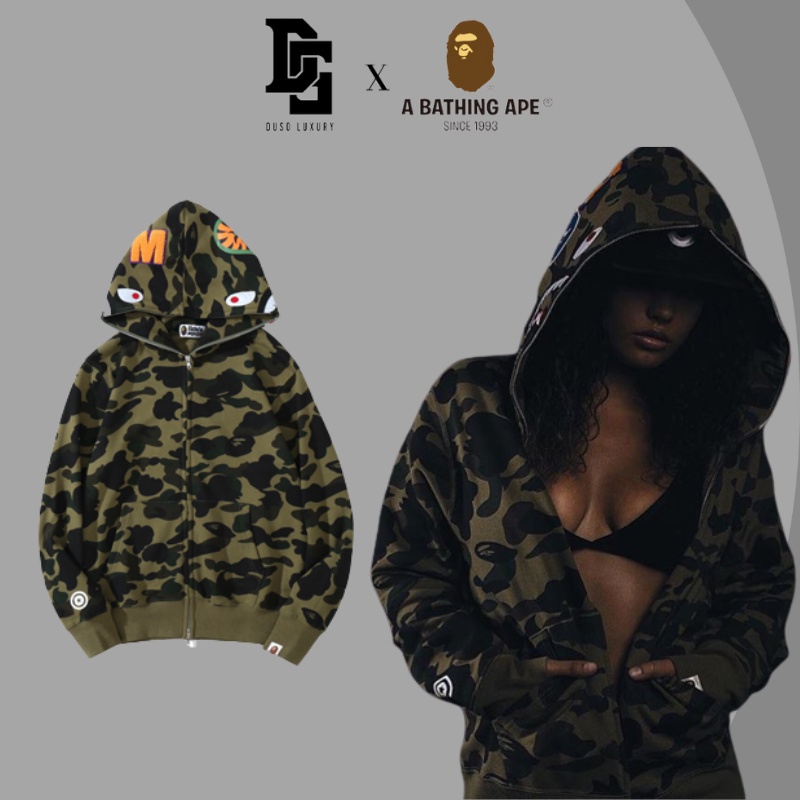 Áo Hoodie Jacket Bape Shark Camo, Bape Hoodiefullzip, Họa tiết thêu, Chất liệu Cotton nỉ chân cua, Màu Green