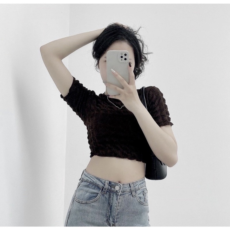 Áo Croptop Chất Caro Xốp Nữ Thun kiểu body cộc tay dáng ôm viền bèo tiểu thư đường phố hàn quốc