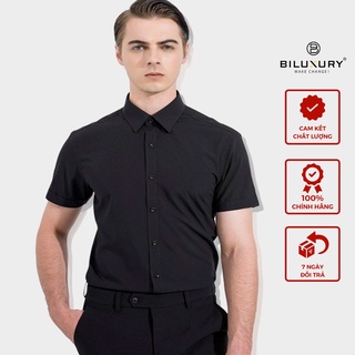 Áo sơ mi nam Biluxury ngắn tay trơn màu đen lịch lãm đơn giản chuẩn form đẳng cấp 4SMCB005DEN