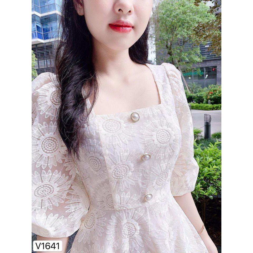 Đầm ren hoa cổ vuông tay lửng 3 nút cực xinh - Misa dress