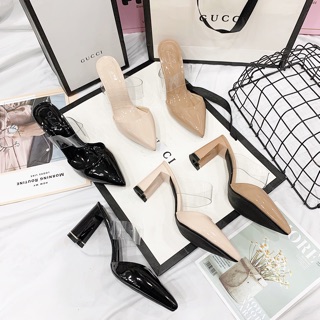 Guốc mũi nhọn phối mica Da Bóng gót C 7p
