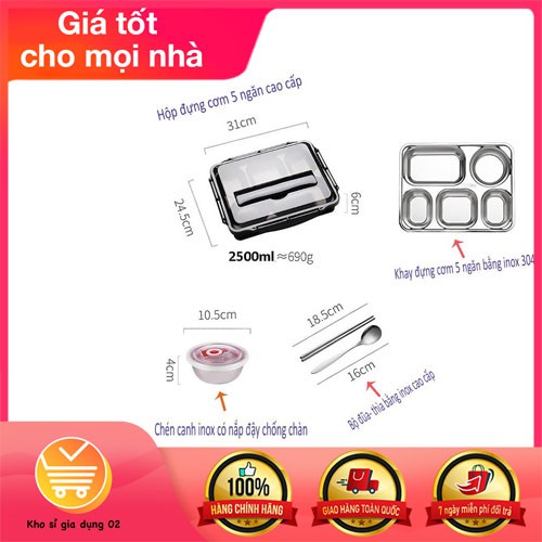 Hộp Đựng Cơm Văn Phòng Khay Inox 5 Ngăn Có Bát Để Canh Bọc Nhựa Bên Ngoài, Có Giá Để Điện Thoại - Tặng Kèm Thìa Đũa Inox