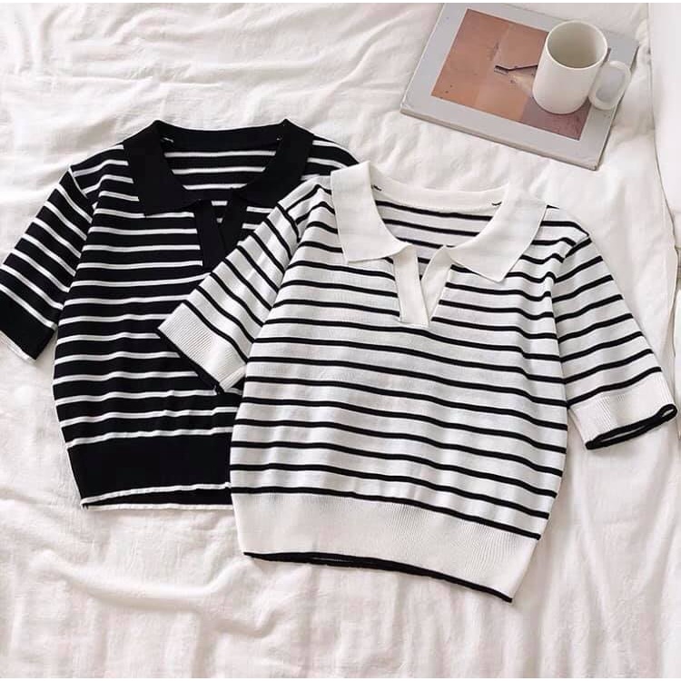 Áo len dệt kim nữ FM Style cổ tròn tay ngắn Hàn Quốc kẻ sọc ngang có cổ phong cách Ulzzang 210717045 | BigBuy360 - bigbuy360.vn