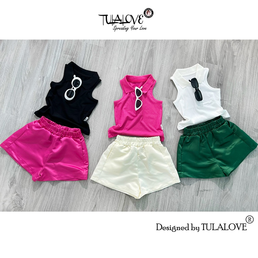 Quần Short Bé Gái Form Ống Rộng Vải Tafta, Áo Polo Bé Gái Sát Nách Phối Màu Cực Yêu Set Quần Áo Tulalove