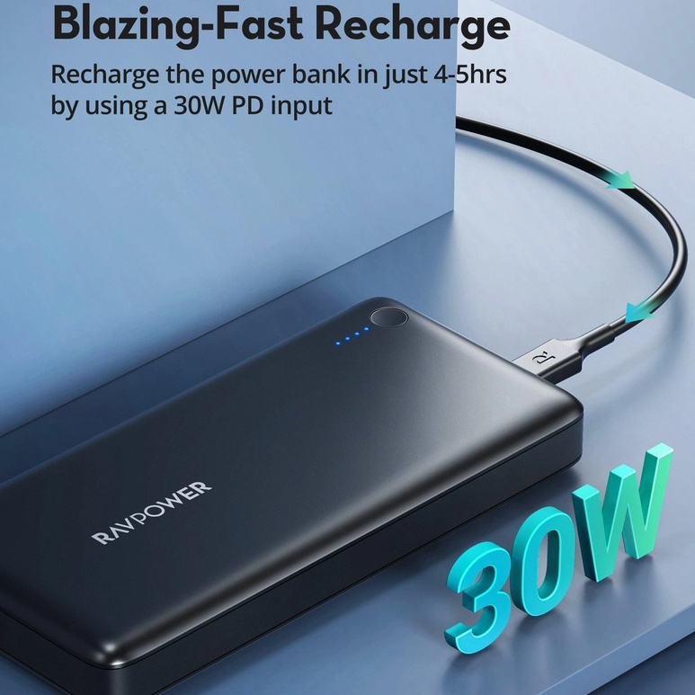 Pin Sạc Dự Phòng 26800mAh RAVPOWER RP-PB058 03 Cổng Sạc (01 PD 30W &amp; 02 iSmart 2.0 17W) - Kèm 3 Dây Cáp , 1 Túi Đựng Sạc