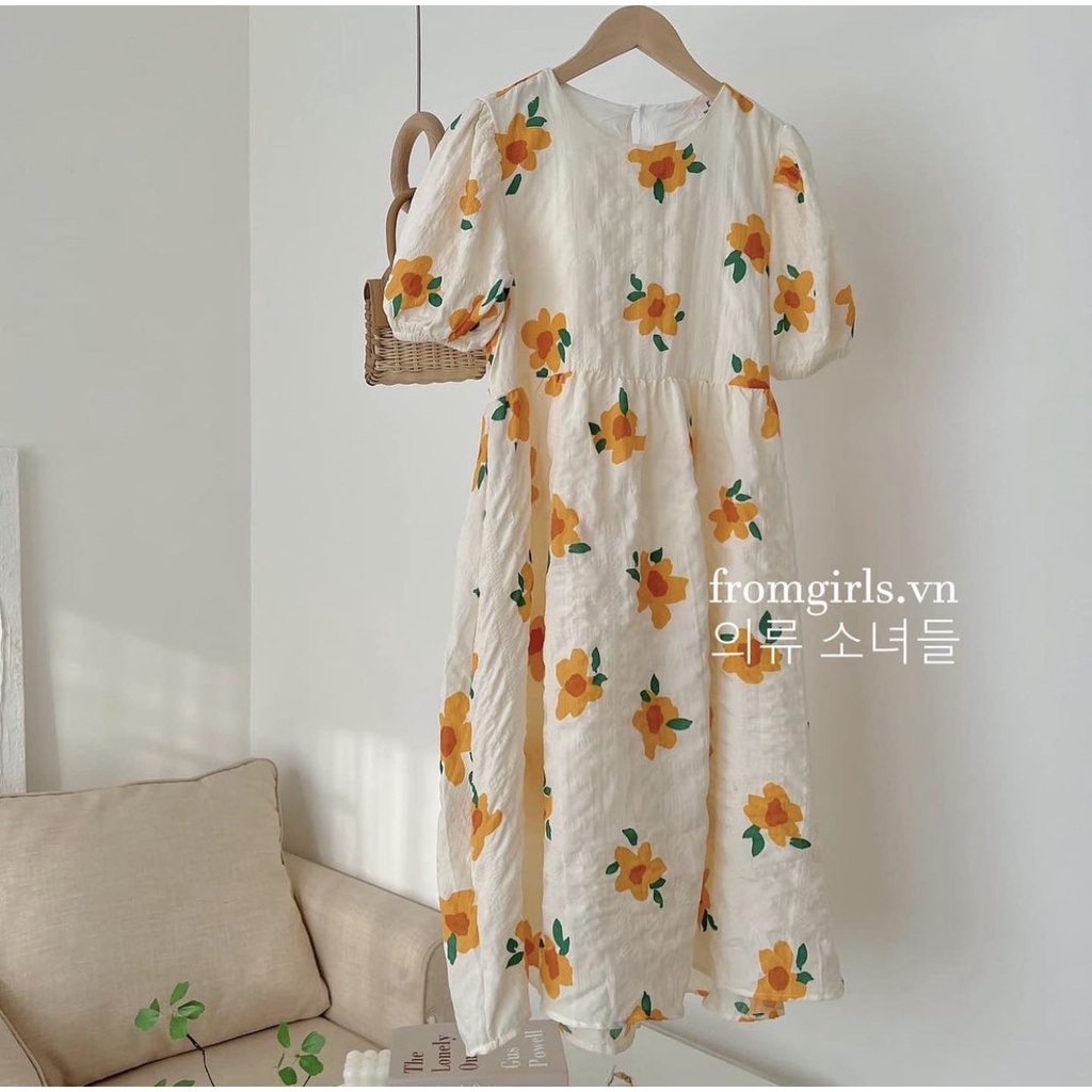 Đầm Babydoll Hoa Cam Tay Bồng Đầm Hoa Dáng Dài Siêu Xinh